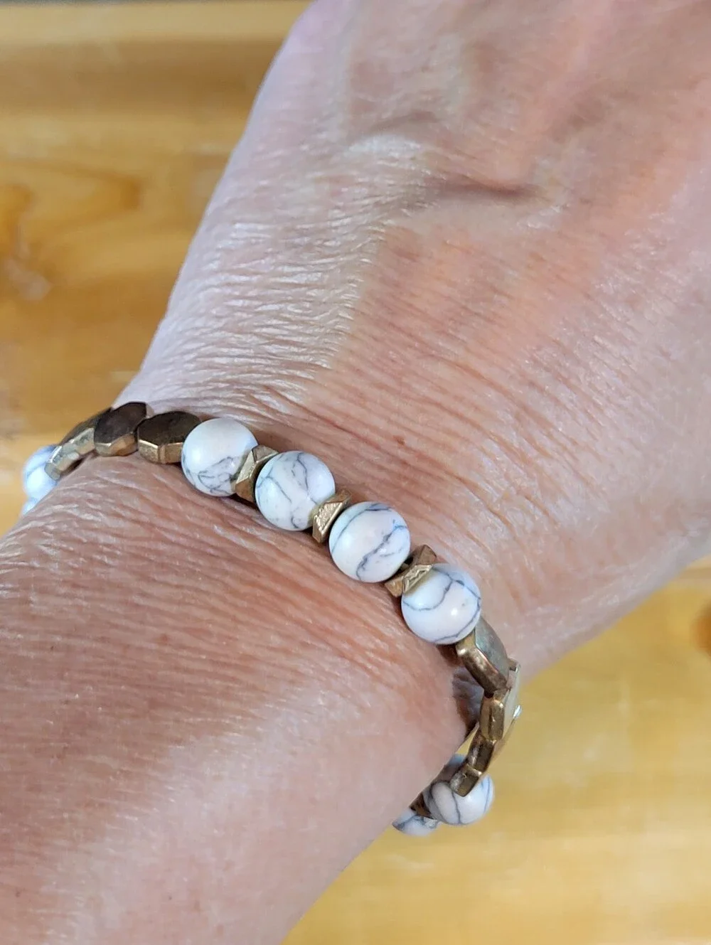 Handmade White Howlite Beaded Stretch Bracelet w Gold Accents One Size Fits Most